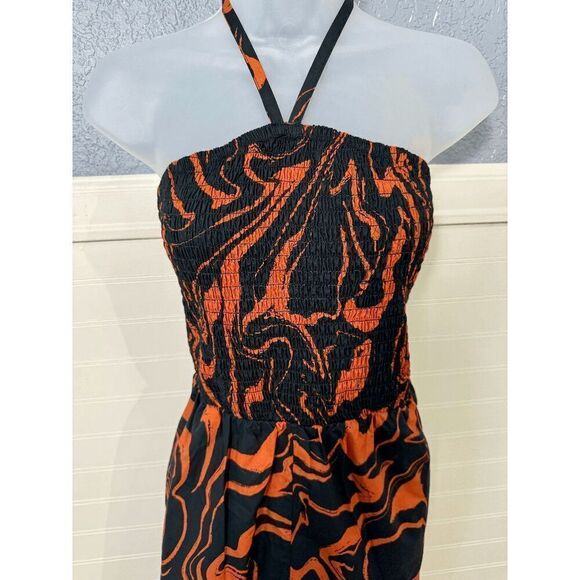 The Get Orange & Black Print Smocked Halter Romper - Picture 4 of 9